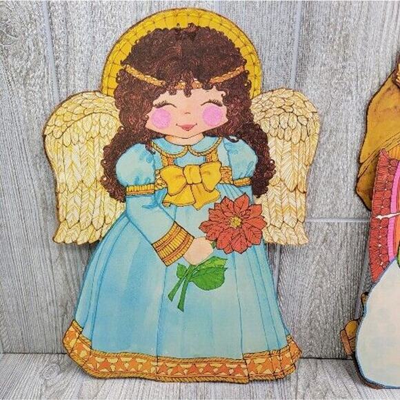 Vintage Christmas Diecut 2 Sided Wall Window Snowman Angel Santa Stocking 4pc - Picture 7 of 11